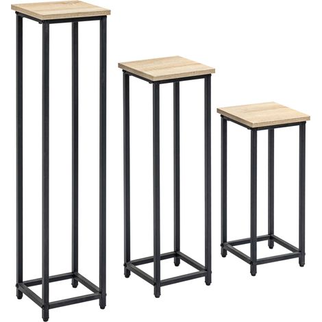 3er-Set Pflanzenständer aus schwarzem Stahl und Naturholz für Garten und Balkon (1/5)
