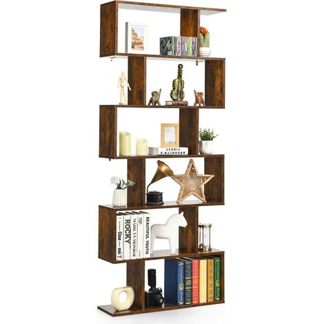 6-tier Bookcase Industrial S-Shaped Bookshelf Wooden Storage Display Rack