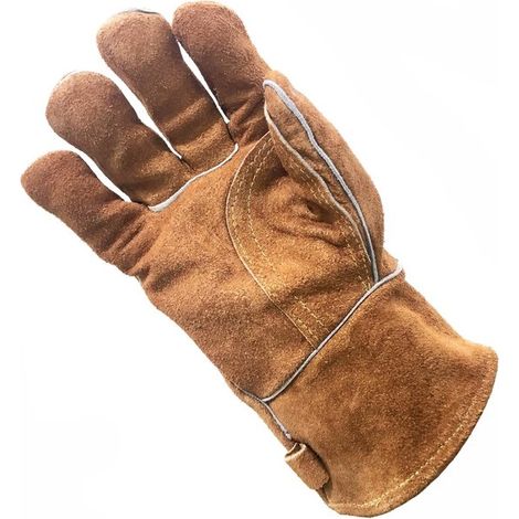 Guanti resistenti al calore per stufe a legna e multicombustibile. Robusti guanti di sicurezza. Adatti anche per griglie e forni per pizza. Colore marrone. Lunghezza 35 cm. Taglia unica. (1/5)