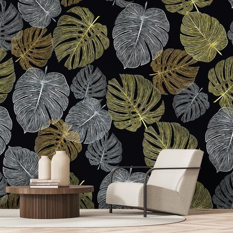 Papier peint et feuilles monstera sur fond noir papier peint (1/5)
