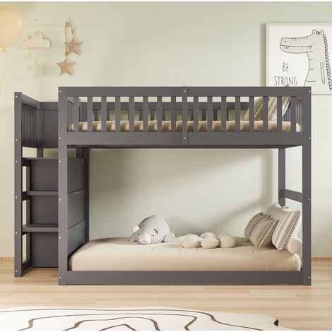 Letto a castello basso 140x200 cm grigio in legno con scala a cassetti e protezione alta (1/5)