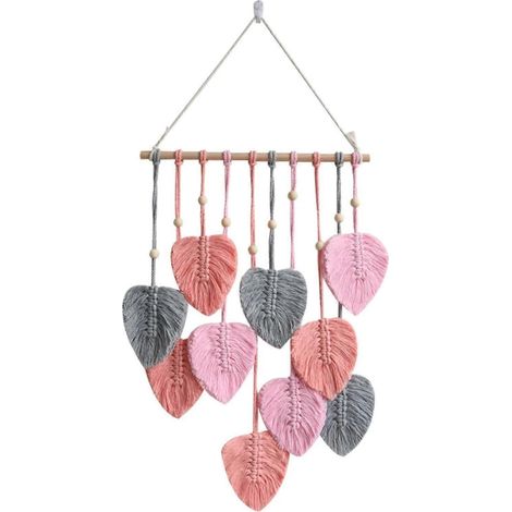 Tapisserie murale en macramé, décoration intérieure artisanale de style bohème, tissée à la main avec des feuilles et des plumes (rose) (1/5)