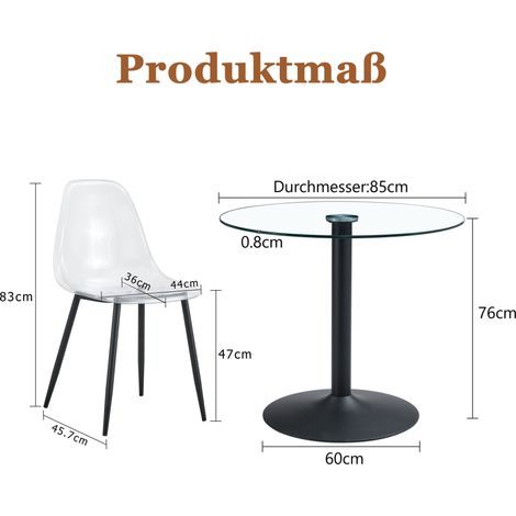 Juego de mesa de comedor redonda de cristal templado de 85 cm con 4 sillas de plástico transparentes (1/5)