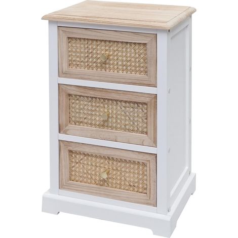 Comodino cassettiera 3 cassetti HHG-674 legno di paulonia rattan bianco legno chiaro