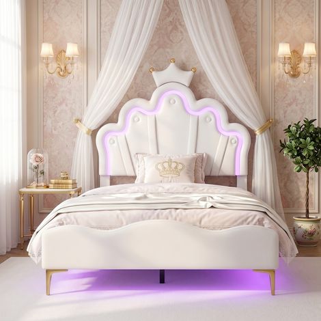 Superaly Lit Simple Rembourré 90x200 cm, Lit pour Enfant avec télécommande LED, Tête de Lit Réglable en Forme de Nuage, Lit Crown Princess pour Fille,Sommier à lattes, PU, Style Nordique, Blanc