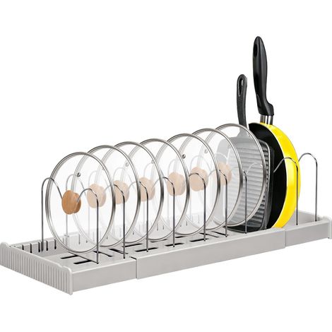 Rangement Casserole Cuisine, 10 Séparateurs Réglables, Gris  Range Couvercle Casserole Extensible,Support Amovible et Lavable pour Poêles, Casseroles, Assiettes et Bols (1/5)