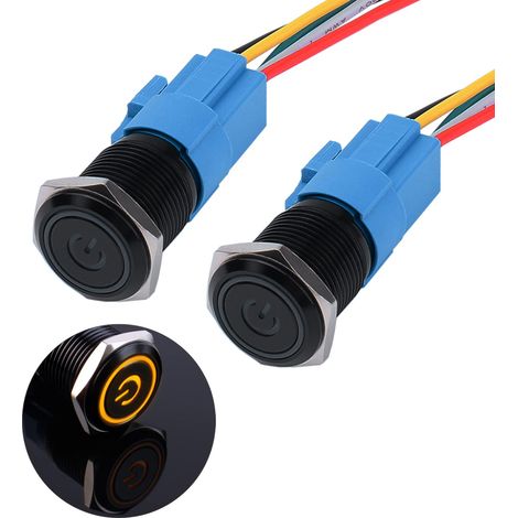 Lot de 2 boutons pression Momentane étanches de 16 mm 12 V à 24 V 3 A avec éclairage LED Boîtier en métal noir pré-câblé pour voiture DIY voiture moto (jaune) (1/5)