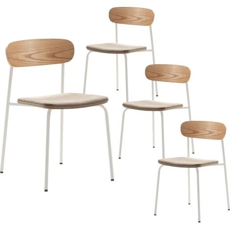 Lot de 4 chaises dossier bois assise tissu beige et pieds métal blanc - RIDILA (1/5)