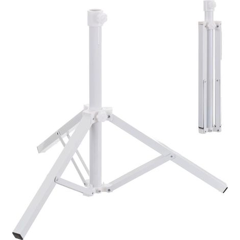 Supporto per ombrellone a treppiede in metallo bianco, adatto ad aste di ombrellone con diametro da 25 a 32 mm. Altezza regolabile fino a 55 cm. Ogni gamba è lunga 44 cm.