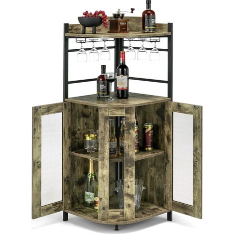COSTWAY Corner Bar Cabinet Industrial Wine Buffet Cabinet with Glass Holder Mesh Doors (1/5)