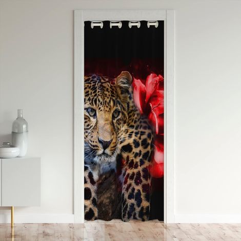 Léopard Rideau de Porte 86x203cm Guépard Rose Animaux Sauvages Rideaux de Chambre Chasse Floral Rideau Occultant Rose Blsoom Rouge Brun - 86L X 203H cm (1 Panneaux) (1/5)