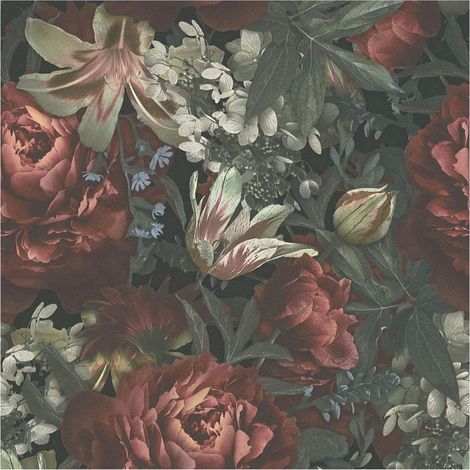Flowers wallcovering wall Profhome 385091 hot embossed non-woven wallpaper smooth with floral pattern matt red green black beige 5.33 m2 (57 ft2) (1/5)