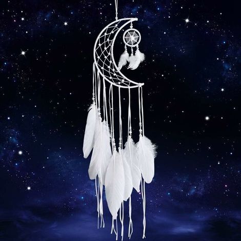 Blanc Attrape-rêves Main Lune Conception avec Plumes Dream Catcher Tenture Murale Décoration de La Maison Ornement Festival Artisanat Cadeau (lune Blanc) (1/5)