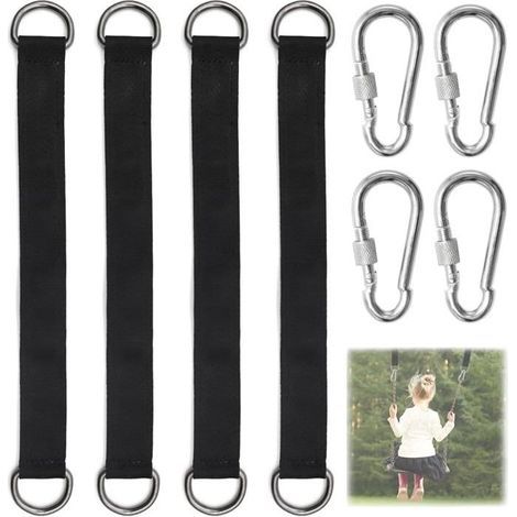 Black Swing Hanging Kit 4 Pieces Swing Straps with 2 Tree Carabiners Straps for Garden Swing Hammock or Seat (1/5)