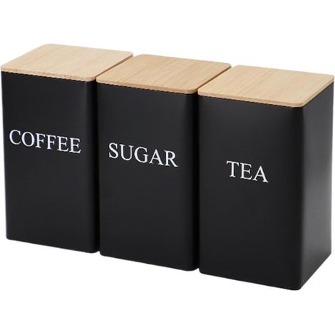 Service à café, thé et sucre 3 pièces avec couvercle en bambou (noir) .