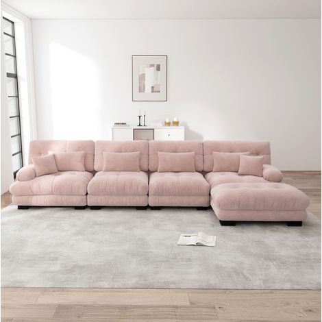 Sofá esquinero modular de 4 plazas en chenilla rosa con otomana móvil HAVRYA (1/5)