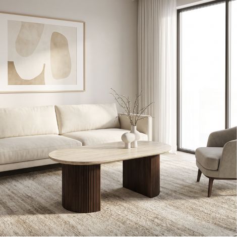 Table basse de salon TERRA – Plateau en céramique travertin et pieds finition noyer - Homeluxury (1/5)