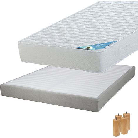 MALDIVES - Pack Matelas 160x200 + Sommier Tapissier Démontable 2x20 Lattes Lin + Pieds Bois 15cm (1/5)