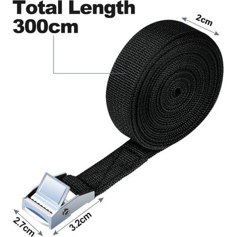 Tie Down Strap, 3M Fixing Kit with Tightening Strap Tightening Buckle for Motorcycle, Car, Bike Carrier, Traction Power: kg/Piece (Black) (1/4)