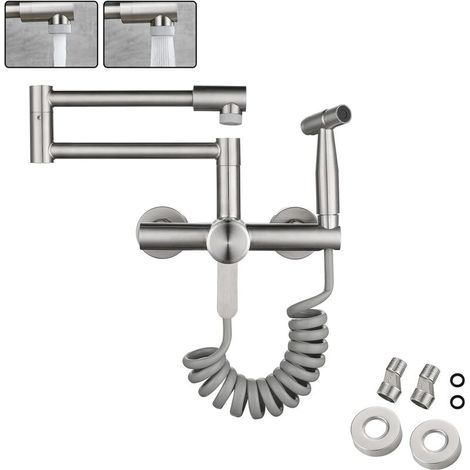 Grifo de cocina mural de acero inoxidable 304 con pistola rociadora y 2 tipos de chorro, mezclador de fregadero mural giratorio de 360° (13-17 cm) (1/5)