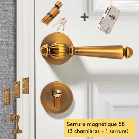 Serrure à poignée magnétique en laiton antique avec trois charnières et arrêt de porte 3 pièces réf 9769 1,3 kg – Livraison gratuite