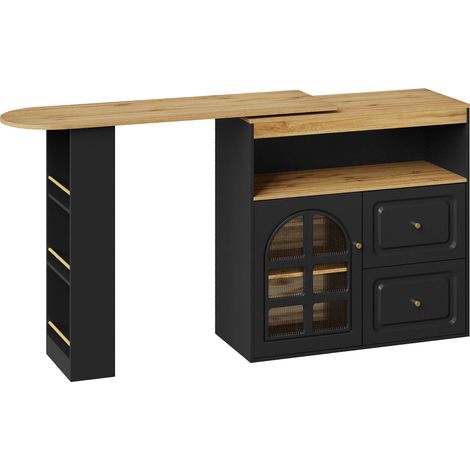 Table bar pivotante 360° extensible en MDF noir avec 2 tiroirs et étagères pour cuisine et salon (1/5)