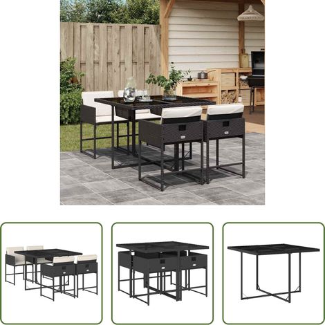 Essgruppe - 5-tlg. Garten-Essgruppe mit Kissen Schwarz Poly Rattan (1/5)
