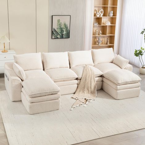 Canapé modulable quatre places en velours côtelé (avec deux repose-pieds) – comprend des coussins de dossier et deux poches latérales, (1/5)