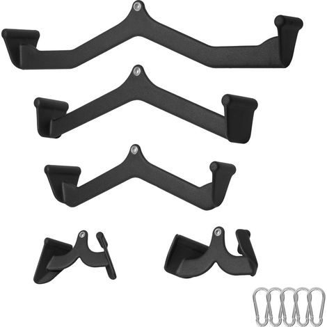 Accessoires de tirage vertical pour machine à câble, lot de 5 poignées (T-bar, V-bar), pour entraînement du dos, biceps et triceps, revêtement caoutchouc, usage domestique. (1/5)