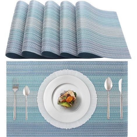Sets de table - Set de table antidérapant en similicuir - Sous-verre imperméable - Sous-verre - Sets de table en plastique - 6 pièces - 45 x 30 cm - Bleu chiné (1/5)