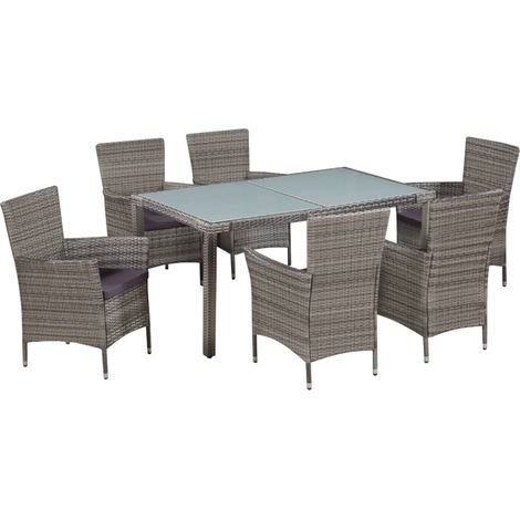 Set da pranzo da giardino 7 pezzi e cuscini in resina intrecciata grigia 020014819