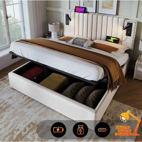 Cama con almacenaje 180x200 cm beige de algodón con cabecero ajustable, luces de lectura y puertos USB (1/5)