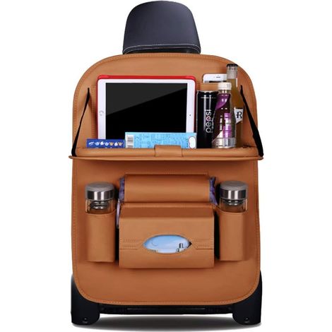 Organiseurs pour Voiture Kick Mats cuir PU de luxe Protecteur de Siège Arrière avec porte-tablette pliable Imperméable Organisateurs de Voiture Rangement (Marron - 1 Pack) (1/5)