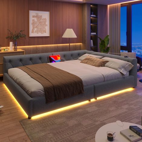 Bett Schlafsofa USB Leinen 140x200 Grau OKMYHOME (1/5)