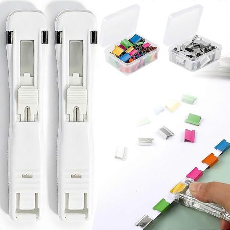 Agrafeuse portable à pinces à reliure, lot de 2 distributeurs de trombones réutilisables réf. 2026 avec 100 recharges métalliques blanches (1/5)