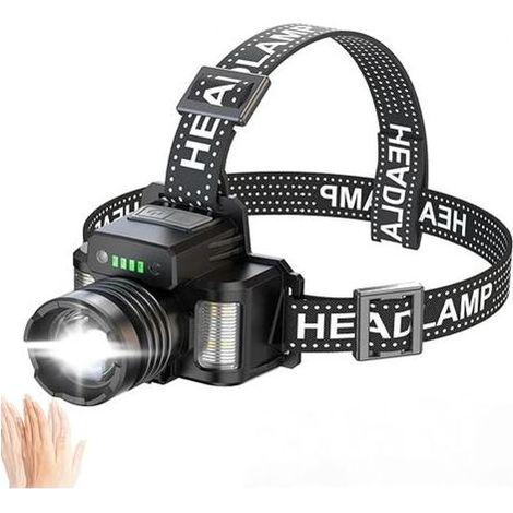 Lntyq Lampe frontale LED rechargeable, ultra puissante 50 000 lumens 3+3 modes, capteur et lumière rouge bleue, lampe frontale rechargeable USB réglable à 45° IP65 étanche pour camping, randonnée (1/5)
