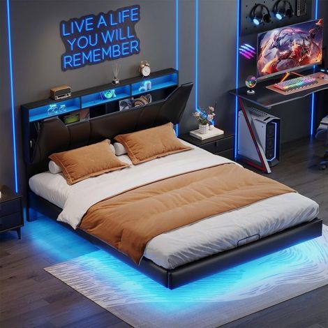 Bettgestell 160x200 - Integrierte LED - Skandinavisch - PU - Bettgestell für Erwachsene 160x200 cm - Schwarz