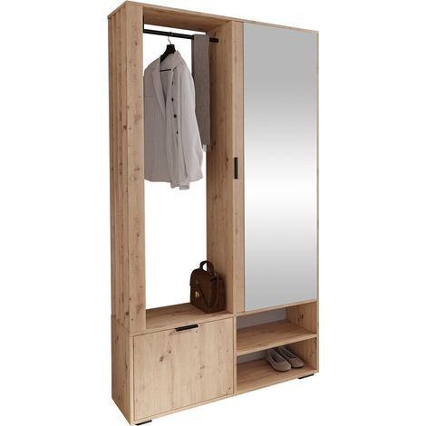 Mobilier1 – Meuble d'entrée en chêne artisan 190x100x33cm – Miroir stratifié à poser – Design élégant pour entrée moderne (1/5)