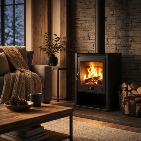 Estufa de leña Forseti Muspel 8kW de acero y fundición con doble combustión y leñero Calienta hasta 70 m² (1/5)