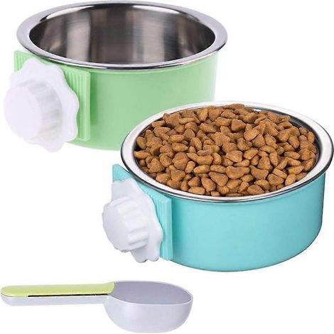 Lot de 2 gamelles pour chien en cage, distributeur d'eau et de nourriture amovible en acier inoxydable avec cuillère. (1/5)