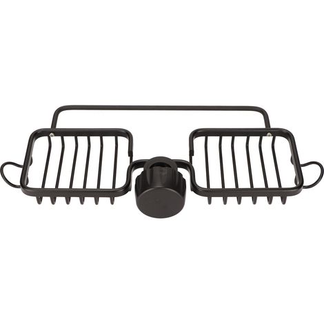 Étagère de rangement pour robinet en aluminium et plastique avec deux compartiments et barre porte-serviettes pour éponges et chiffons, pour cuisine ou salle de bain, noire. (1/5)