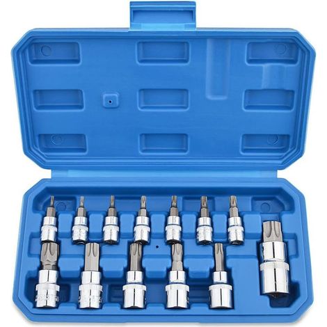 13 Pièces Jeu de Douilles Torx Embouts Tournevis Male Femelle T8 T70 en Acier Chromé au Vanadium 1/4" 3/8" et 1/2" avec Boite pour Stockage (1/5)