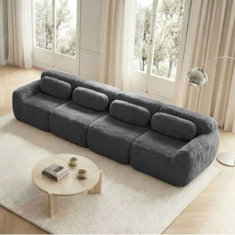 Divano modulare 4 posti in tessuto peluche, base antiscivolo, grigio, 378 x 104 x 73 cm (1/5)