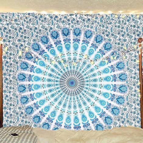 Tenture Murale - Tapisserie Décorative En Coton - 182 x 137 cm - Motif Paon Psychédélique - Pour Décoration Intérieure Extérieure - 1 Pièce (1/2)