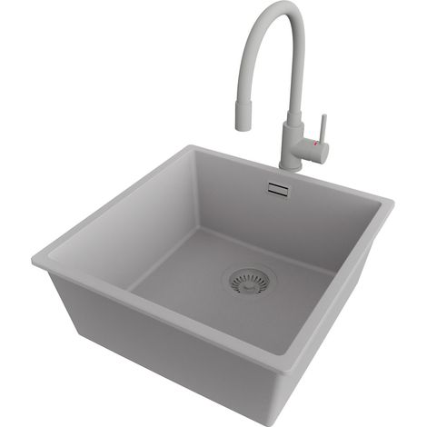 PRIMAGRAN Evier Sous Plan 46x47cm,Evier en Granit 1 bac + Robinet 38x14cm + Kit de Vidage, Évier au meuble 50cm - London, Gris (1/5)