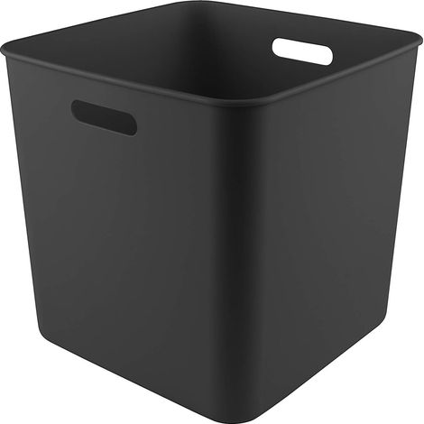 1 Boite de rangement carrée 25L, Plastique noir, Poignées intégrées, Pour étagère ouverte (1/4)