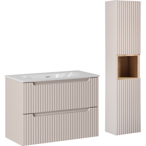 Conjunto de muebles con lavabo individual encastrado 80cm 2 cajones y columna Riva Cachemira y Madera
