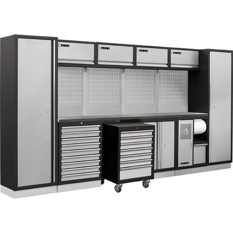 Mobiliario taller modular con tapa de acero inox armarios cajones. Fervi A008P