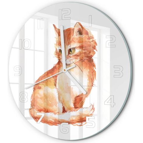 Horloge Murale Ronde Chambre Bureau Verre Silencieuse Design Moderne Élégant Chat roux fi 30 cm (1/5)