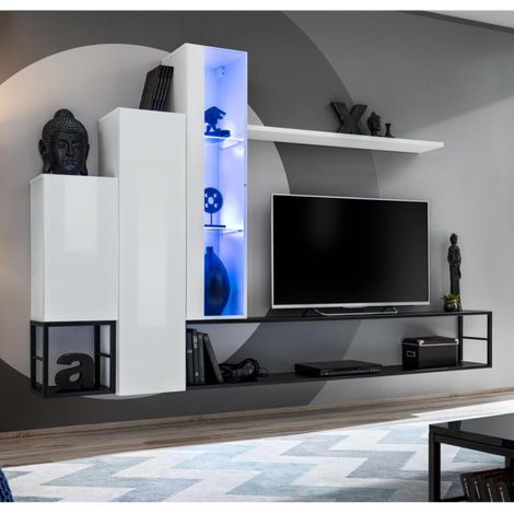 Ensemble Meuble TV Design "Switch VIII" 240cm Blanc & Noir (1/4)